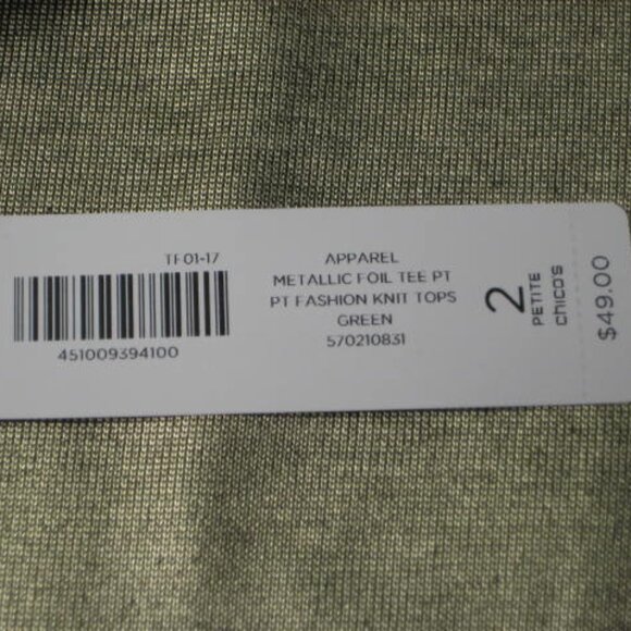 NWT Chicos Metallic Foil Tee Gold Green Sz 2P LP V Neck Elbow Short Sleeves Top - Picture 9 of 12